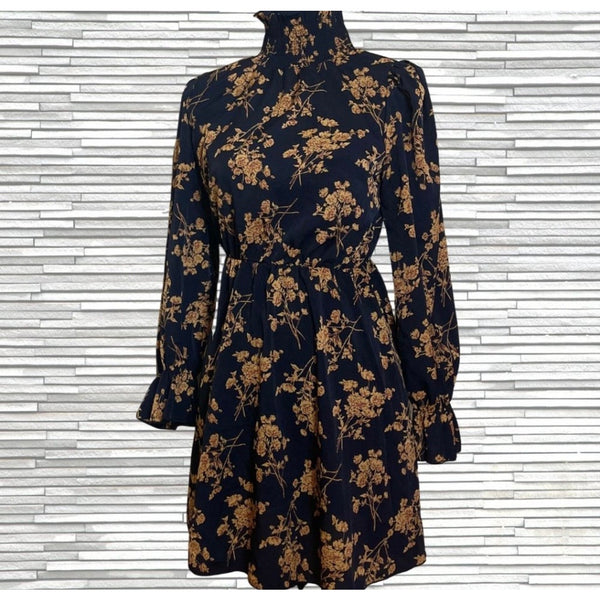 Black Floral Print Babydoll Dress