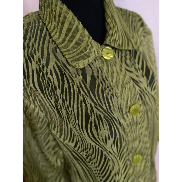 Citiknits Four Button Sheer Zebra Pattern Design Blouse Green Size XL-1X