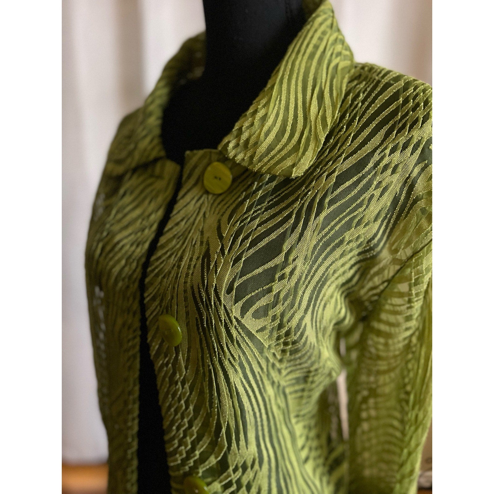 Citiknits Four Button Sheer Zebra Pattern Design Blouse Green Size XL-1X