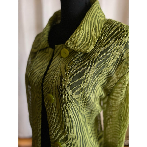Citiknits Four Button Sheer Zebra Pattern Design Blouse Green Size XL-1X