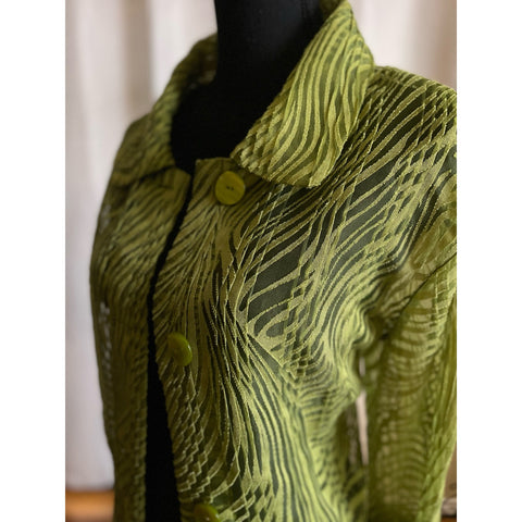 Citiknits Four Button Sheer Zebra Pattern Design Blouse Green Size XL-1X
