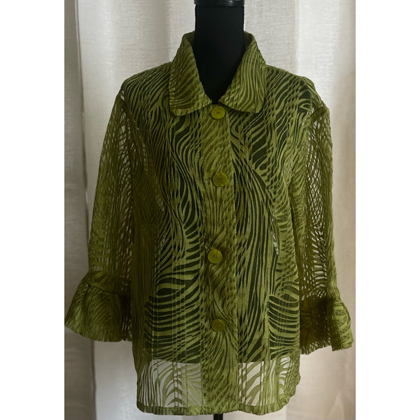 Citiknits Four Button Sheer Zebra Pattern Design Blouse Green Size XL-1X